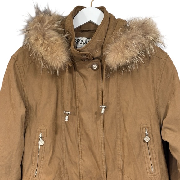 Bernardo Faux Suede Fall Winter Coat Size Small Raccoon Fur Trim Hood Womens - Picture 2 of 16